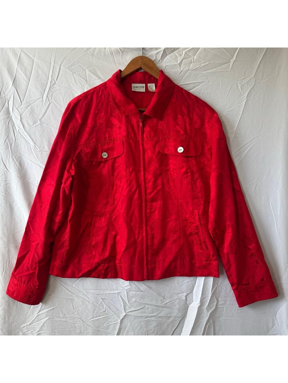 Chico's Jacket Womens 1 M Red Silk Blend Asian Jacquard Zip Pockets Chinoiserie